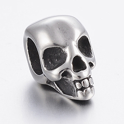 Antique Silver 304 Stainless Steel European Beads, Large Hole Beads, Skull, Antique Silver, 13x7x10mm, Hole: 5mm