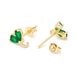 Green Rack Plating Brass Cubic Zirconia Stud Earrings Findings, Real 18K Gold Plated, with Loop, Cadmium Free & Lead Free, Heart, Green, 9x8.5mm, Hole: 1.5mm, Pin: 1mm