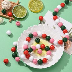 Mixed Color 160Pcs 4 Colors Farmhouse Country and Rustic Style Painted Natural Wood Beads, with Waterproof Vacuum Packing, Round, Dark Green & Red & Pink & White, 16mm, Hole: 4mm, 40pcs/color