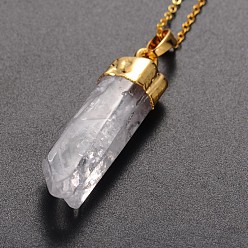 Quartz Crystal Brass Natural Crystal Pencil Pendant Necklaces, with Brass Chains and Spring Ring Clasps, 18 inch