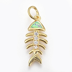 Mixed Color Brass Micro Pave Cubic Zirconia Pendants, with Synthetic Opal, Fishbone, Mixed Color, 27mm, Hole: 4~4.5mm