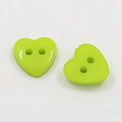 Vert Jaune Boutons acryliques de coeur , boutons de couture en plastique pour la conception de costumes, 2-trou, teint, vert jaune, 12x12x3mm, Trou: 1mm