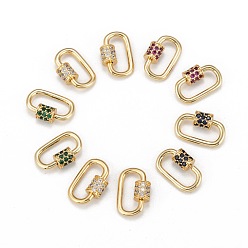 Mixed Color Brass Micro Pave Cubic Zirconia Screw Carabiner Lock Charms, for Necklaces Making, Oval, Golden, Mixed Color, 19x12x2mm, Opening Size: 1.27mm