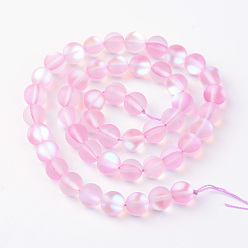 Pink Synthetic Moonstone Beads Strands, Holographic Beads, Dyed, Frosted, Round, Pink, 10mm, Hole: 1mm, about 36~39pcs/strand, 14~15 inch