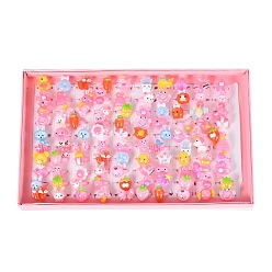 Mixed Color Cute Children's Day Jewelry Plastic Kids Rings for Girls, with Mixed Style Resin Cabochons, Mixed Color, US Size 3(14mm), 100pcs/box