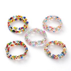 Mixed Color Round Mixed Style Glass Seed Beaded Finger Rings, with Golden Plated Brass Beads, Mixed Color, US Size 14 1/4(23.2mm)
