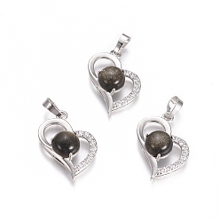 Golden Sheen Obsidian Natural Golden Sheen Obsidian Pendants, with Platinum Tone Brass Findings and Crystal Rhinestone, Heart, 29x21.5x9mm, Hole: 7x3.5mm