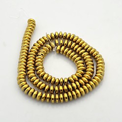 Golden Plated Electroplate Non-magnetic Synthetic Hematite Rondelle Beads Strands, Golden Plated, 6x3mm, Hole: 1mm, about 140pcs/strand, 15.7 inch