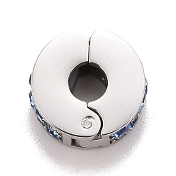 Mixed Color 304 Stainless Steel European Clasps, with Rhinestone, Large Hole Beads, Stainless Steel Color, Flat Round, Mixed Color, 10.5x11x5mm, Hole: 3.5mm