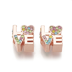 Rose Gold Alloy European Beads, Large Hole Beads, with Rhinestone, Word LOVE, Coloeful, Rose Gold, 10.5x10x8mm, Hole: 4.5mm