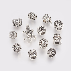 Antique Silver Alloy European Beads, Large Hole Beads, Mixed Shape, Antique Silver, 9~24x9~15x7~10mm, Hole: 4~5mm