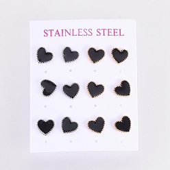 Mixed Color 304 Stainless Steel Stud Earrings, with Enamel and Ear Nuts, Heart, Black, Mixed Color, 9.5x10.5x1.5mm, Pin: 0.6mm, 6pairs/card