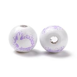 Lilac Easter Theme Printed Wood European Beads, Large Hole Beads, Round with Rabbit Pattern, Lilac, 16x14.5mm, Hole: 4mm