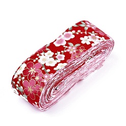 Red Japanese Kimono Style Floral Cotton Ribbon, Single Printed, for DIY Hair Bow, Headwear, Handmade Trim, Red, 1-1/2 inch(40mm), about 10yards/roll(9.14m/roll)