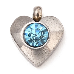 Aquamarine 304 Stainless Steel Charms, with Acrylic Rhinestone, Faceted, Birthstone Charms, Heart, Stainless Steel Color, Aquamarine, 8.2x7.2x3.2mm, Hole: 1mm
