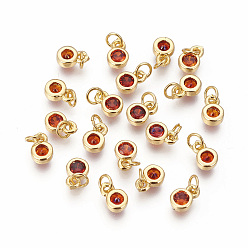 Orange Brass with Single Cubic Zirconia Charms, Single Stone Charms, Flat Round, Golden, Orange, 6.5x4.5x2mm, Hole: 2.5~3mm