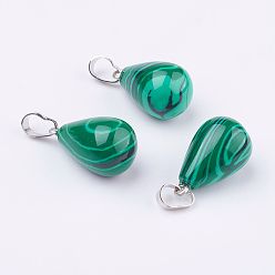 Malachite Synthetic Malachite Pendants, with Platinum Tone Brass Findings, Drop, 24~24.5x14mm, Hole: 5x7mm