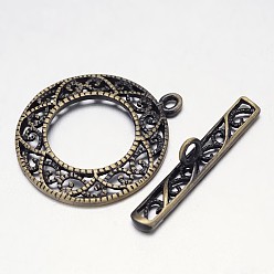 Antique Bronze Filigree Brushed Brass Ring Toggle Clasps, Nickel Free, Antique Bronze, Ring: 26x22x2mm, Bar: 6x26x4mm, Hole: 1mm