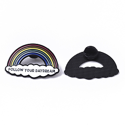 Colorful Creative Zinc Alloy Brooches, Enamel Lapel Pin, with Iron Butterfly Clutches or Rubber Clutches, Electrophoresis Black Color, Rainbow with Word Follow Your Daydream, Colorful, 26.5x39.5mm, Pin: 1mm