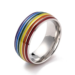 Stainless Steel Color Rainbow Pride Finger Ring, Stripe Grooved Flat Titanium Steel Finger Ring for Women, Stainless Steel Color, US Size 7(17.3mm)