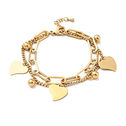 Golden Leaf and Round Ball Charm Multi-strand Bracelet, Vacuum Plating 304 Stainless Steel Double Layered Chains Bracelet for Women, Golden, 7-1/2 inch(19cm)
