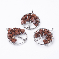 Red Jasper Natural Red Jasper Pendants, with Brass Findings, Flat Round with Tree of Life, Platinum, 29x5~7mm, Hole: 4.5mm