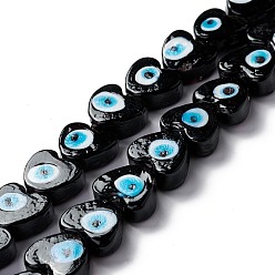 Black Handmade Evil Eye Lampwork Beads, Heart, Black, 14.5~15x15.5~16x6.5~7.5mm, Hole: 1~1.6mm, about 25pcs/strand, 14.02~13.66 inch(34.7~35.6cm)