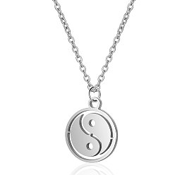 Stainless Steel Color 201 Stainless Steel Pendants Necklaces, with Cable Chains, Flat Round with Tai Ji, Stainless Steel Color, 16.3 inch(40cm), 1mm