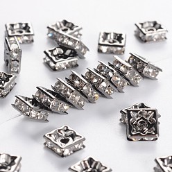 Crystal Brass Rhinestone Spacer Beads, Grade A, Nickel Free, Gunmetal, Square, Crystal, 6x6x3mm, Hole: 1mm