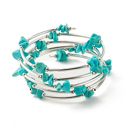 Synthetic Turquoise 5-Loop Synthetic Turquoise(Dyed) Chip Beaded Wrap Bracelets for Women, Steel Memory Wire Bracelet, Platinum, Inner Diameter: 2-1/8 inch(5.45cm)