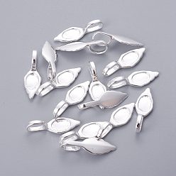 Silver Brass Glue-on Flat Pad Bails, Leaf, Silver Color Plated, Size: about 8.5mm wide, 24mm long, 2mm thick, hole: 4.5mm