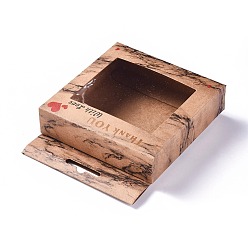 Bois Solide Boîtes de papier kraft, boîtes d'emballage de fenêtre claire, rectangle avec mot merci, burlywood, boîte: 10x10 cm, déplier: 19.4x12.5x0.08 cm