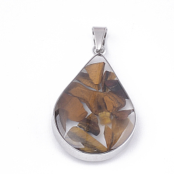 Tiger Eye Natural Tiger Eye Pendants, with Glass and 304 Stainless Steel Findings, teardrop, Stainless Steel Color, 26.5~27x17~17.5x6.5~7mm, Hole: 3x5.5mm