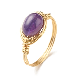 Amethyst Natural Amethyst Oval Finger Rings, Copper Wire Wrapped Jewelry for Women, Golden, US Size 8 1/4(18.3mm)~US Size 8 3/4(18.7mm)