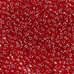 Red 8/0 Transparent Glass Round Seed Beads, Grade A, Silver Lined, Red, 2.8~3.2mm, Hole: 1.0mm, about 15000pcs/pound