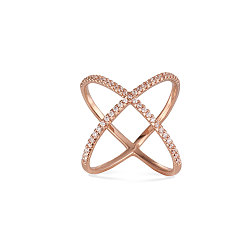 Rose Gold Vogue Design Rose Gold Plated Brass Finger Ring, Criss Cross Ring, Double Rings, X Rings, with  Micro Pave AAA Zircon Criss Cross, Rose Gold, 17mm