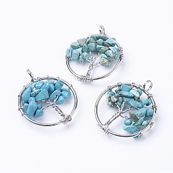 Synthetic Turquoise Synthetic Turquoise Pendants, with Brass Findings, Flat Round with Tree of Life, Platinum, 29x5~7mm, Hole: 4.5mm