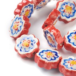 Red Handmade Porcelain Flower Beads, Red, 16~17x16~17x6~6.5mm, Hole: 2mm, about 20pcs/strand, 12.99 inch(33cm)