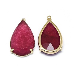 Dark Red Natural Jade Pendants, with Brass Findings, Faceted, teardrop, Dyed, Golden, Dark Red, 31.5~32.5x18~18.5x5.5~6mm, Hole: 1.4mm