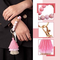 Pink Wristlet Keychain Silicone Beaded Keychain Bracelet with Tassel Bohemian Style Wrist Keychain for Women and Girls, Pink, 22cm