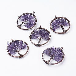 Amethyst Natural Amethyst Pendants, with Brass Findings, Red Copper, Flat Round with Tree of Life, 29x5~7mm, Hole: 4.5mm