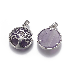 Amethyst Natural Amethyst Pendants, with Brass Findings, Flat Round with Tree of Life, Platinum, 32x27.5~28x7mm, Hole: 4x6mm