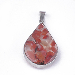 Carnelian Natural Carnelian Pendants, with Glass and 304 Stainless Steel Findings, teardrop, Stainless Steel Color, 26.5~27x17~17.5x6.5~7mm, Hole: 3x5.5mm