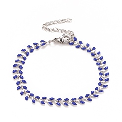 Bleu Moyen  Bracelet chaînes à maillons de blé en émail, 304 bijoux en acier inoxydable pour femmes, couleur inox, bleu moyen, 6-7/8 pouce (17.5 cm)