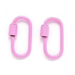 Pink Spray Painted Brass Screw Carabiner Lock Clasps, for Necklaces Making, Oval, Pink, 26x13x2mm