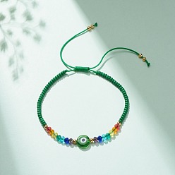 Зеленый Браслет лэмпворк сглаз и стеклянные бусины, плетеный регулируемый браслет для женщин, зелёные, внутренний диаметр: 2-1/2~3-7/8 дюйм (6.2~9.7 см)
