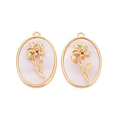 March Daffodil Brass Birth Floral Pendants, Oval with Flower Mother of Pearl White Shell Charms, Nickel Free, Real 18K Gold Plated, March Daffodil, 27x18x4mm, Hole: 1.8mm