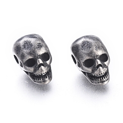Argent Antique Halloween 304 perles en acier inoxydable, tête crâne, argent antique, 12x7x9.5mm, Trou: 2mm