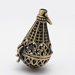 Antique Bronze Filigree Cone Brass Cage Pendants, For Chime Ball Pendant Necklaces Making, Lead Free & Cadmium Free, Antique Bronze, 40.5x25.5x22mm, Hole: 6x5mm, Inner: 18mm