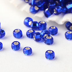 Blue 12/0 Grade A Round Glass Seed Beads, Silver Lined, Blue, 2x1.5mm, Hole: 0.5mm, about 45000pcs/pound